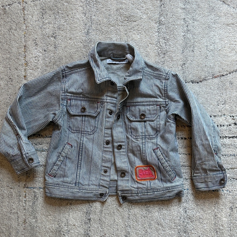 Kids Striped Denim Engineer Jean Jacket - Blue & White